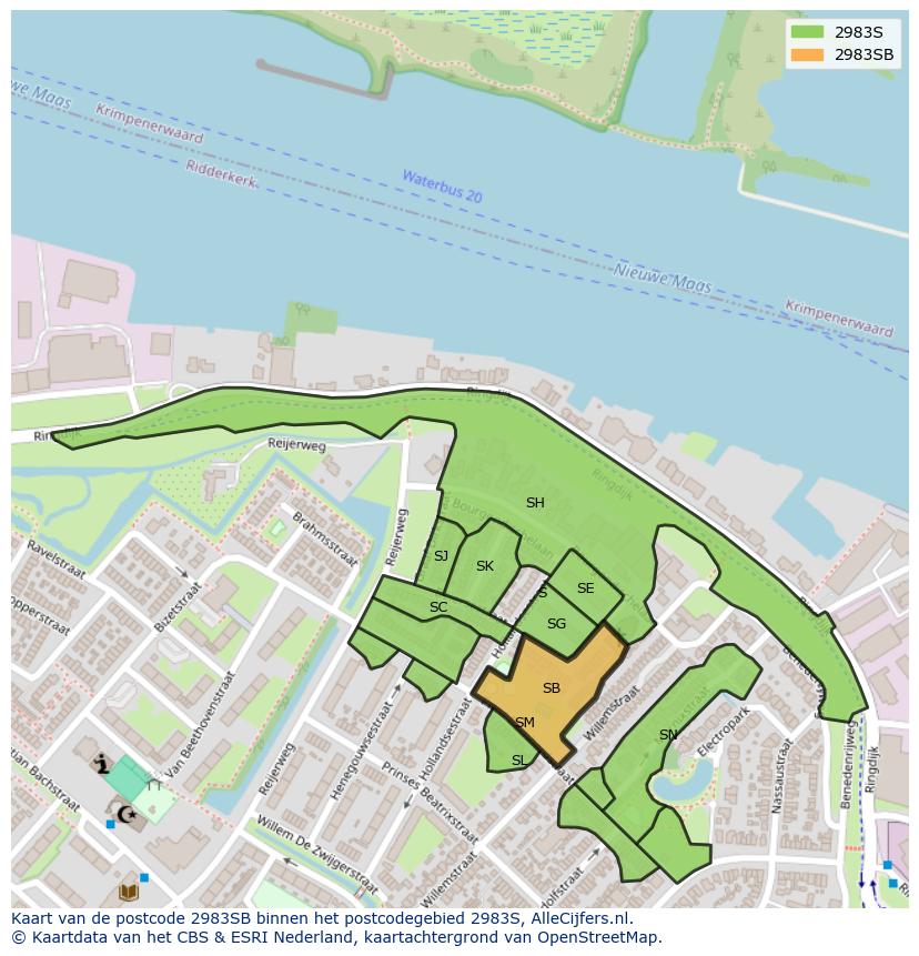 Afbeelding van het postcodegebied 2983 SB op de kaart.