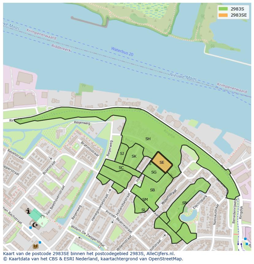 Afbeelding van het postcodegebied 2983 SE op de kaart.