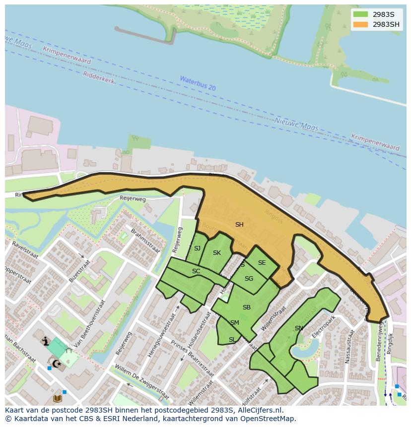 Afbeelding van het postcodegebied 2983 SH op de kaart.