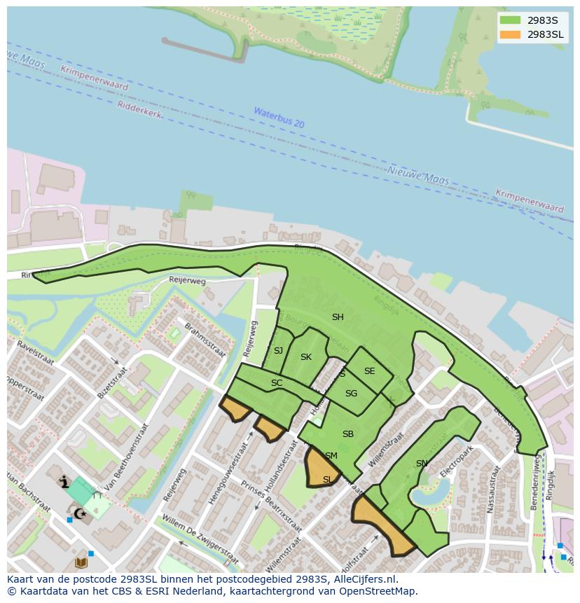 Afbeelding van het postcodegebied 2983 SL op de kaart.