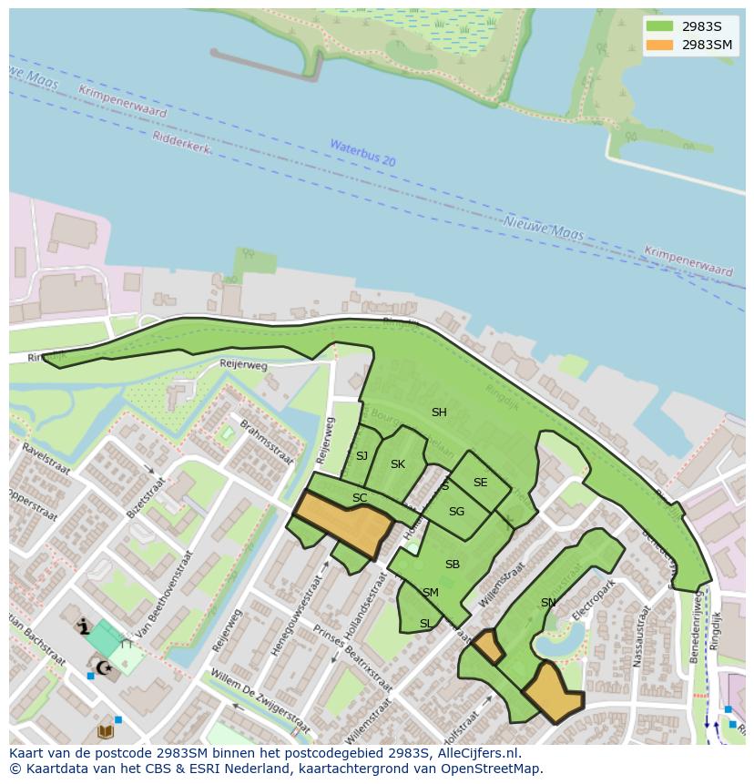 Afbeelding van het postcodegebied 2983 SM op de kaart.