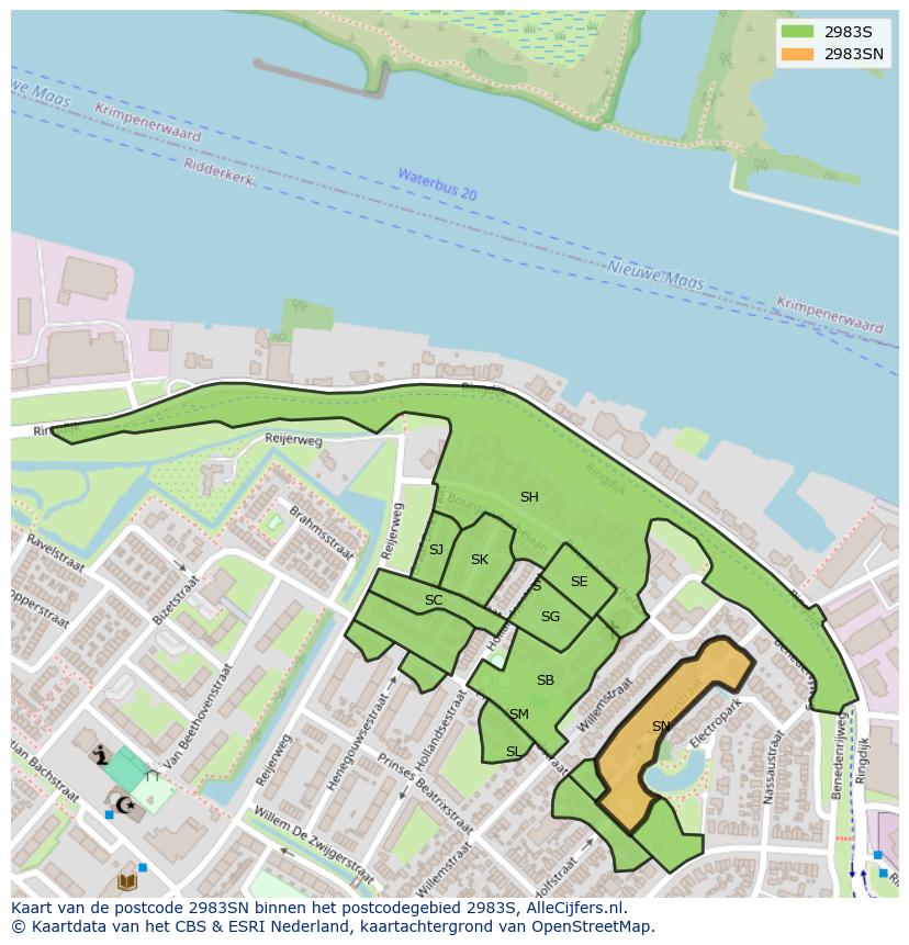 Afbeelding van het postcodegebied 2983 SN op de kaart.