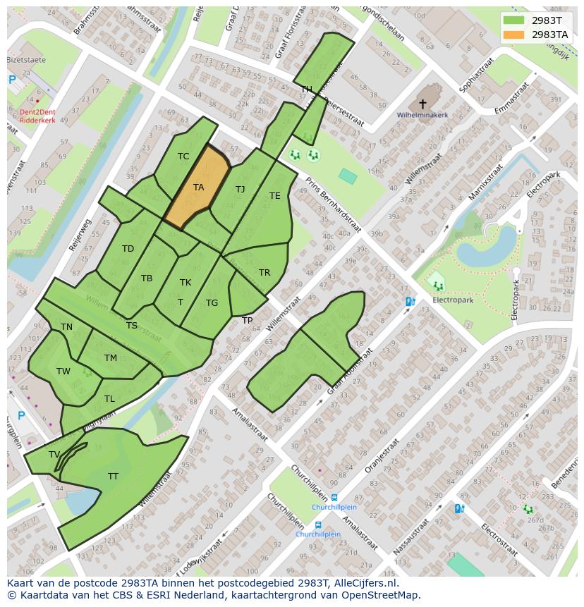 Afbeelding van het postcodegebied 2983 TA op de kaart.