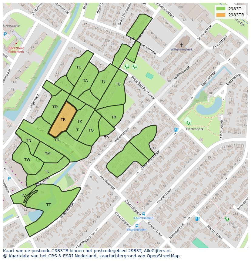 Afbeelding van het postcodegebied 2983 TB op de kaart.