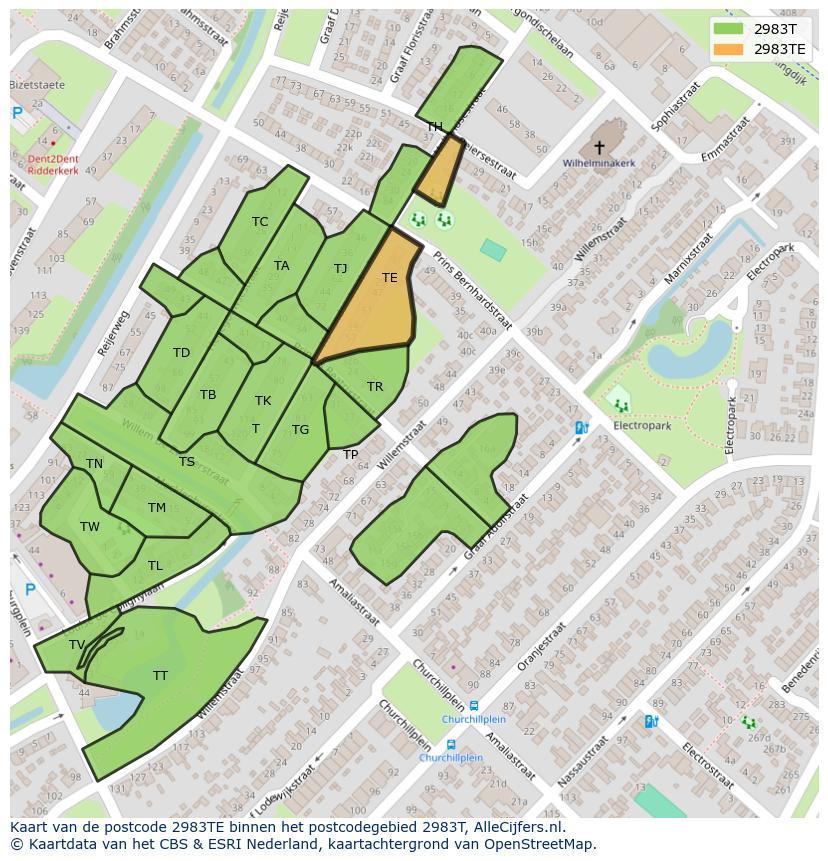 Afbeelding van het postcodegebied 2983 TE op de kaart.