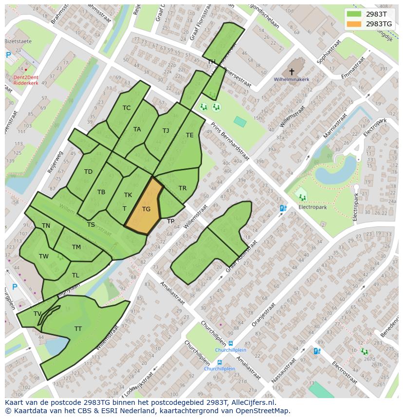 Afbeelding van het postcodegebied 2983 TG op de kaart.