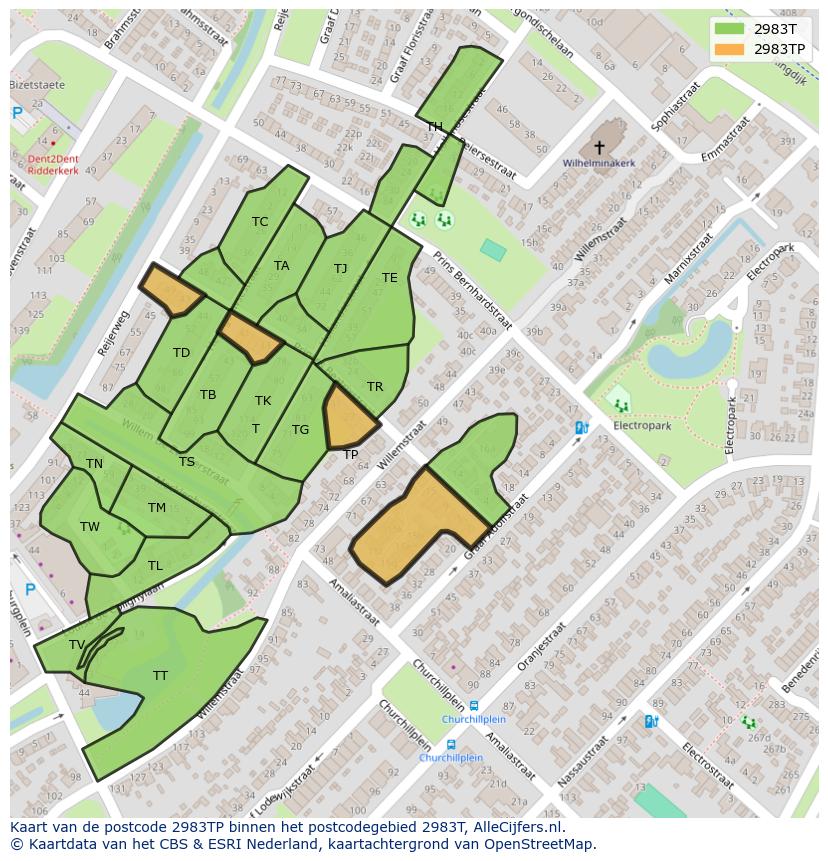 Afbeelding van het postcodegebied 2983 TP op de kaart.