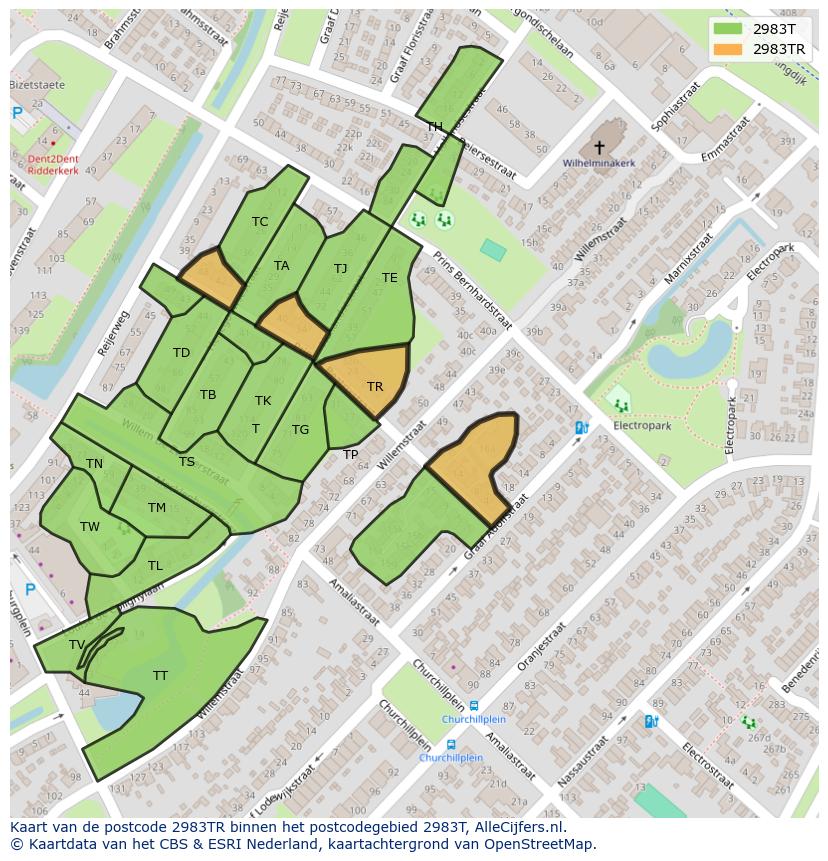 Afbeelding van het postcodegebied 2983 TR op de kaart.