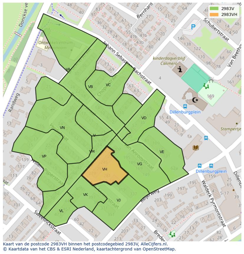 Afbeelding van het postcodegebied 2983 VH op de kaart.