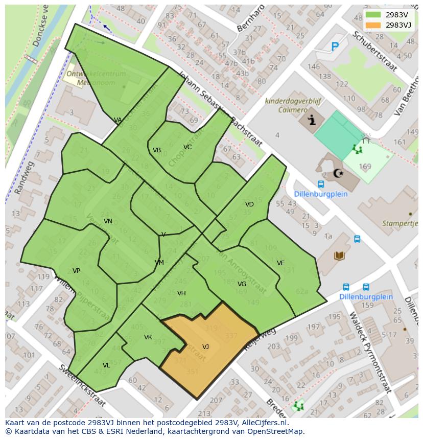 Afbeelding van het postcodegebied 2983 VJ op de kaart.