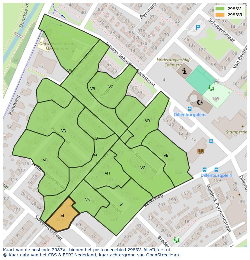 Afbeelding van het postcodegebied 2983 VL op de kaart.