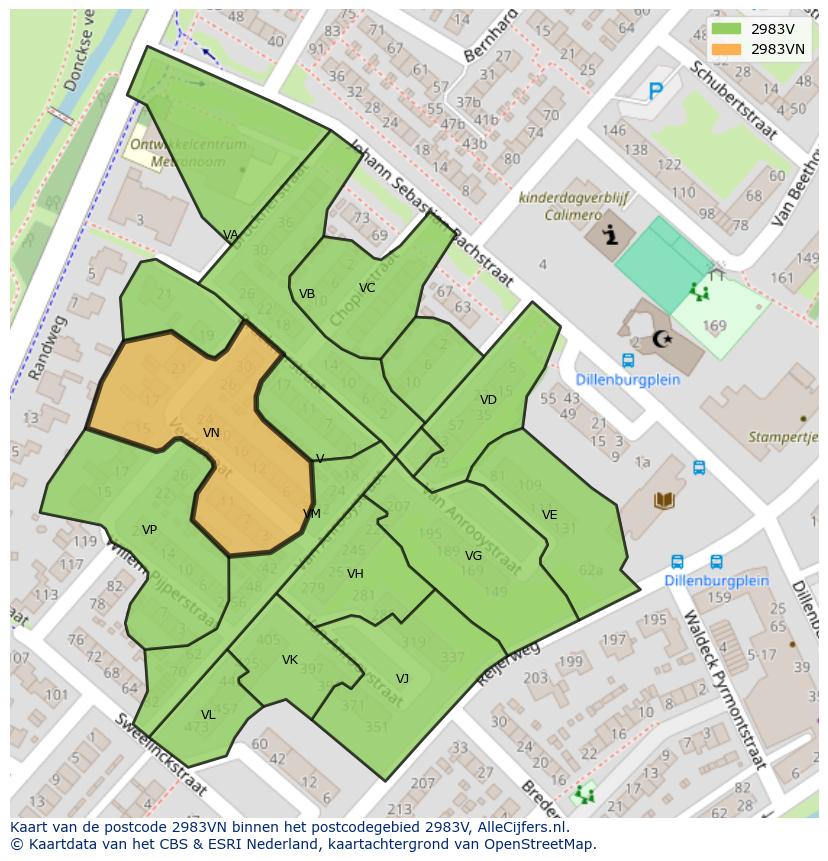 Afbeelding van het postcodegebied 2983 VN op de kaart.