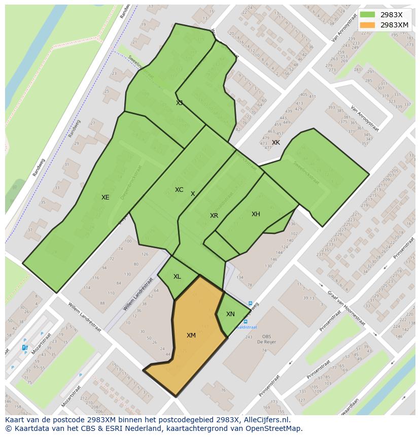 Afbeelding van het postcodegebied 2983 XM op de kaart.