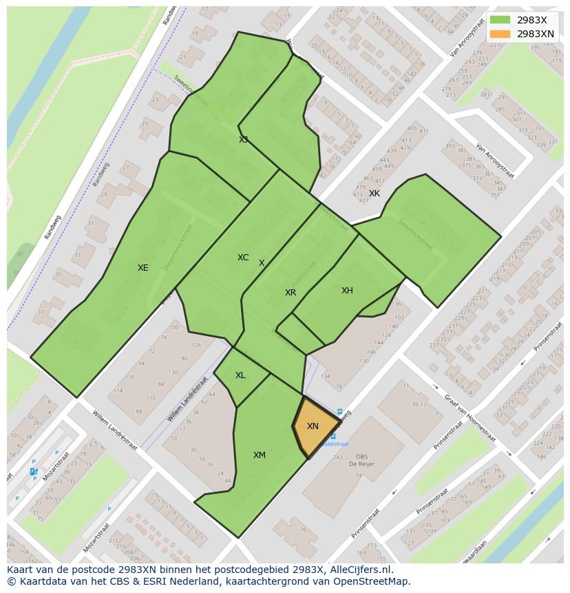 Afbeelding van het postcodegebied 2983 XN op de kaart.