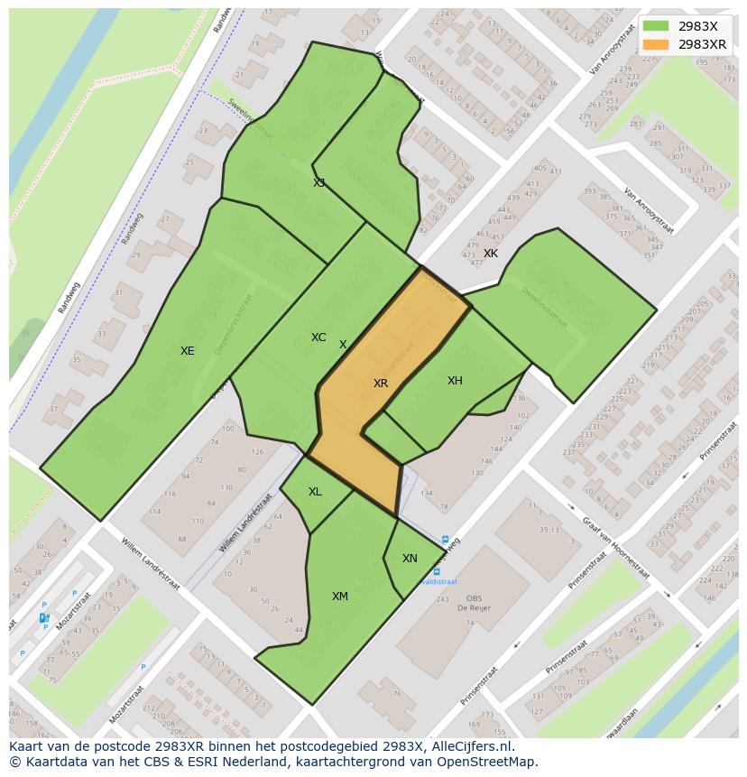 Afbeelding van het postcodegebied 2983 XR op de kaart.