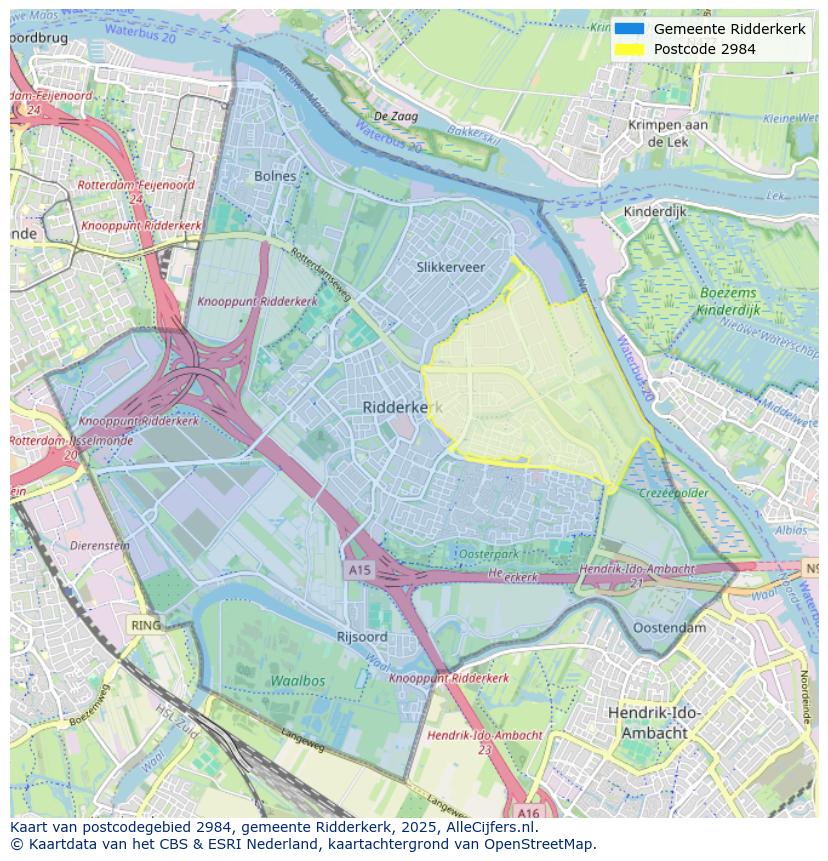 Afbeelding van het postcodegebied 2984 op de kaart.