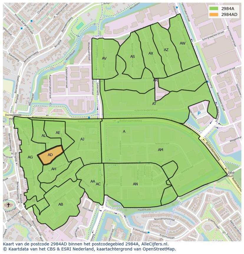 Afbeelding van het postcodegebied 2984 AD op de kaart.
