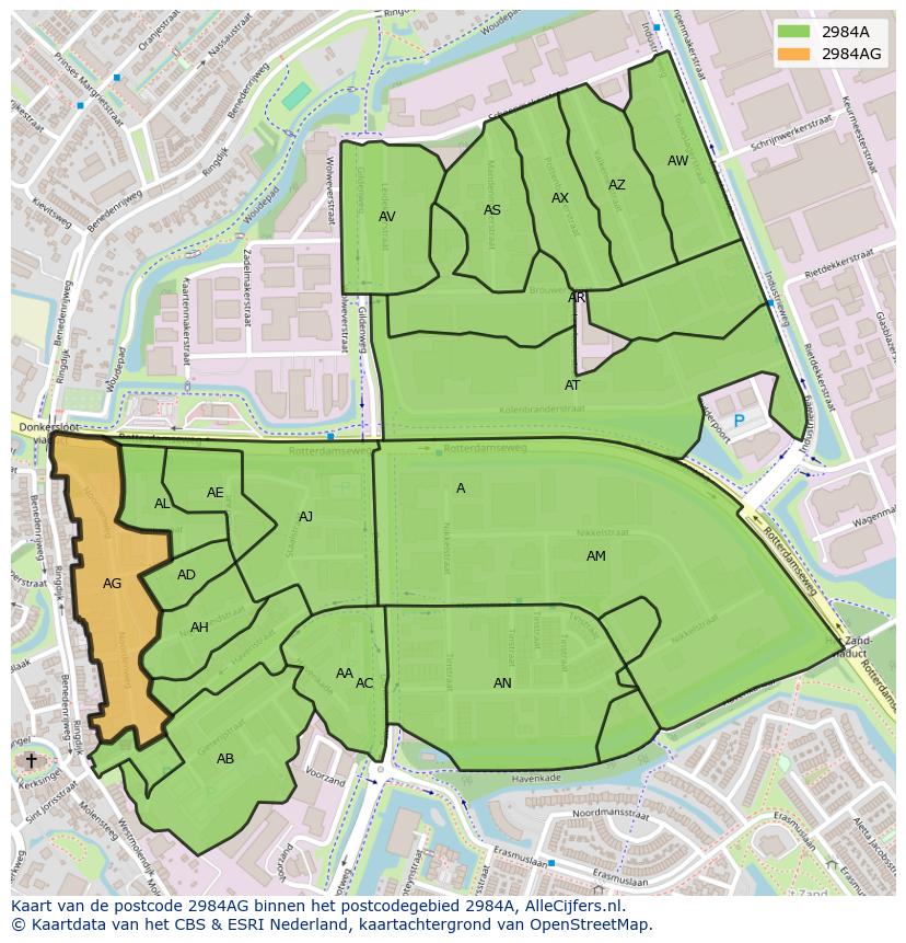 Afbeelding van het postcodegebied 2984 AG op de kaart.