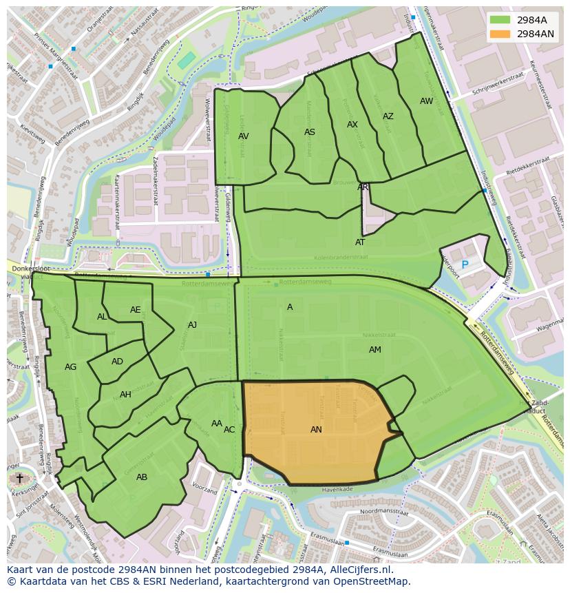 Afbeelding van het postcodegebied 2984 AN op de kaart.