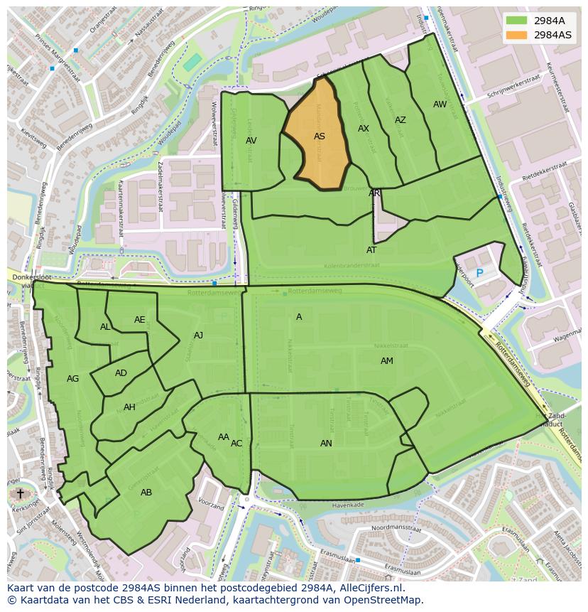 Afbeelding van het postcodegebied 2984 AS op de kaart.
