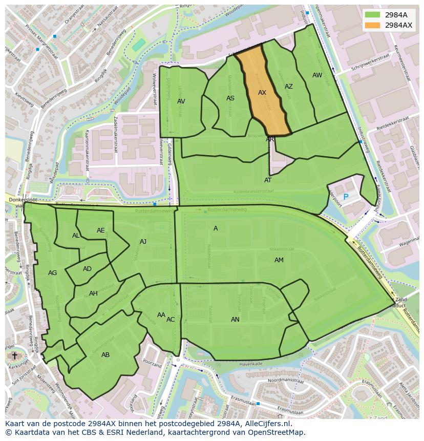 Afbeelding van het postcodegebied 2984 AX op de kaart.