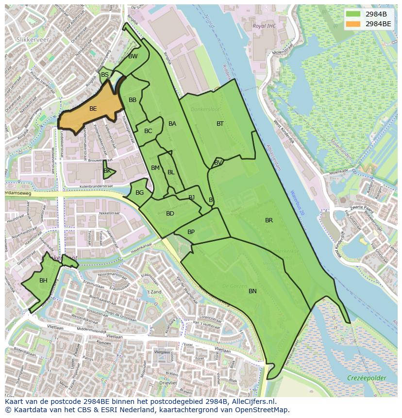 Afbeelding van het postcodegebied 2984 BE op de kaart.