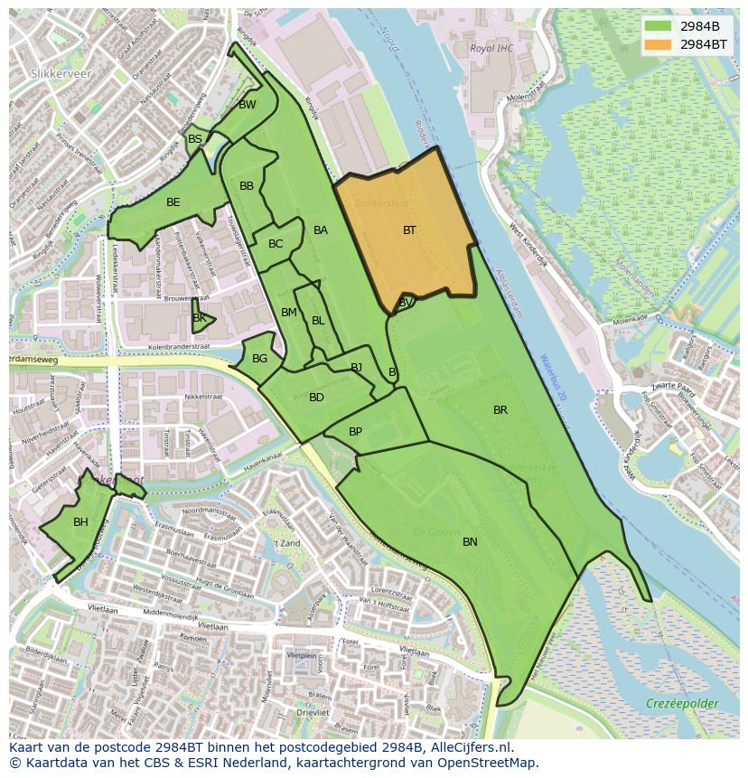 Afbeelding van het postcodegebied 2984 BT op de kaart.