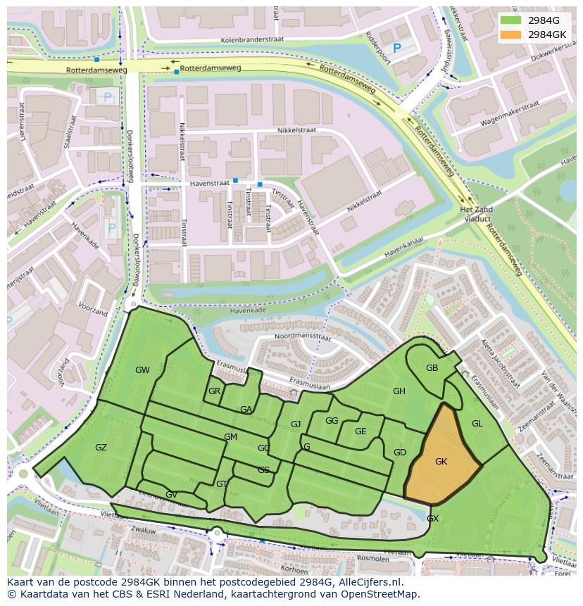 Afbeelding van het postcodegebied 2984 GK op de kaart.