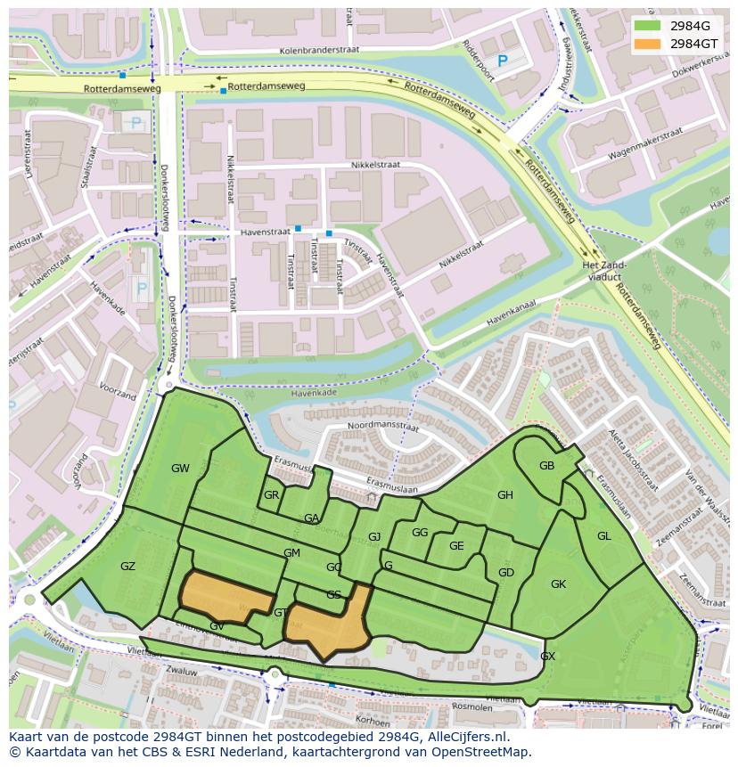 Afbeelding van het postcodegebied 2984 GT op de kaart.
