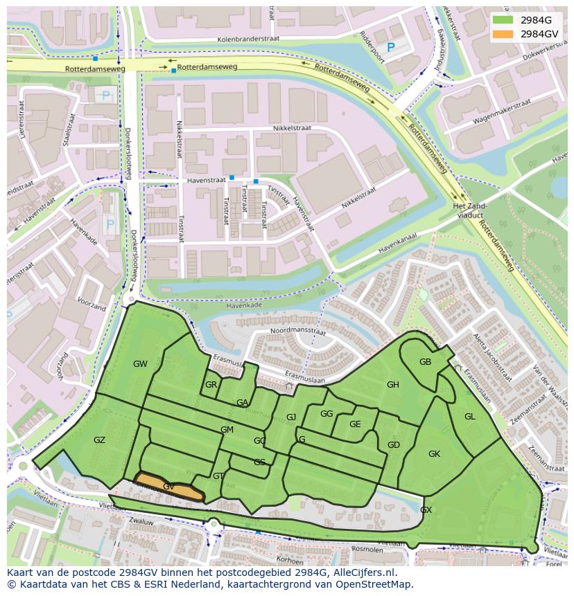 Afbeelding van het postcodegebied 2984 GV op de kaart.