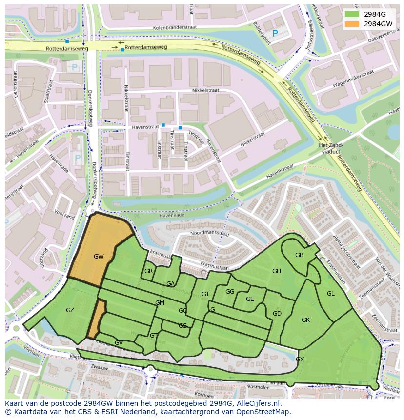 Afbeelding van het postcodegebied 2984 GW op de kaart.