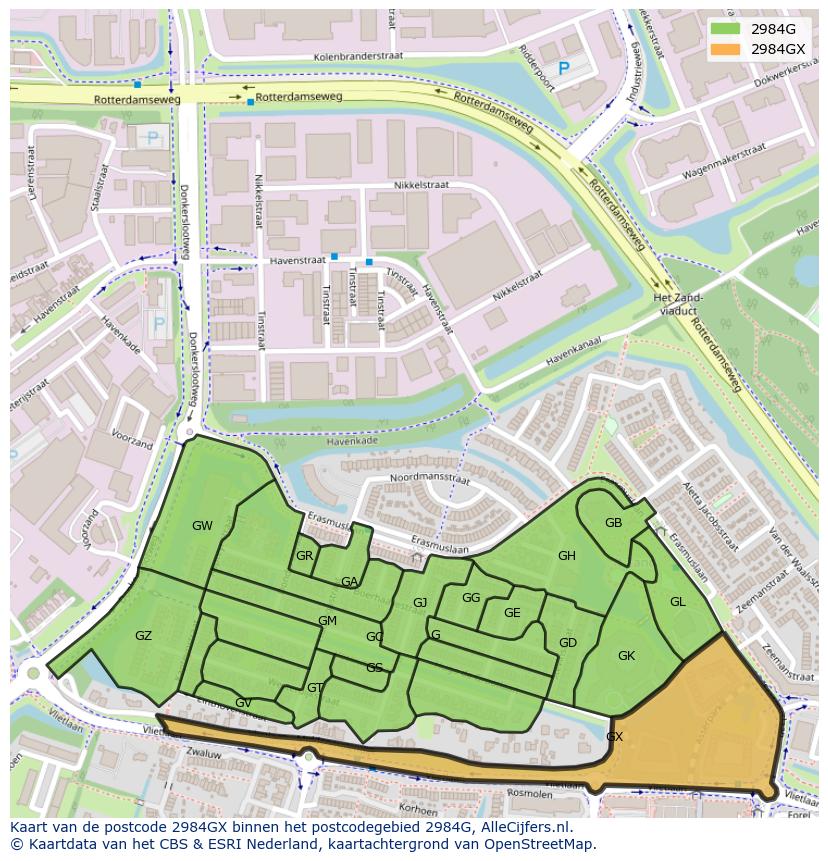 Afbeelding van het postcodegebied 2984 GX op de kaart.
