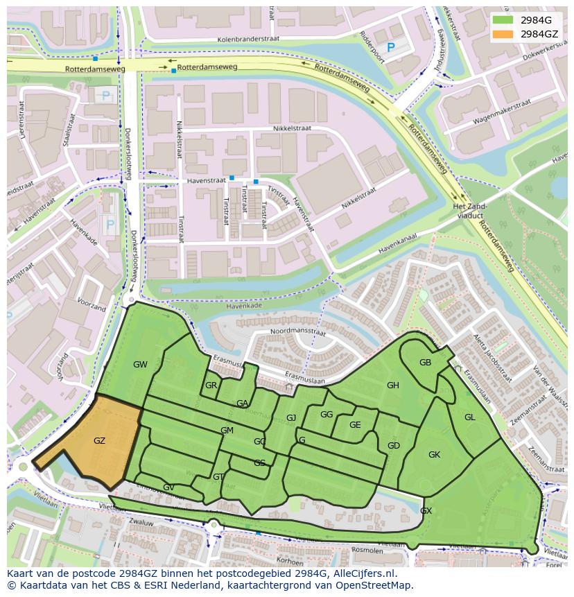 Afbeelding van het postcodegebied 2984 GZ op de kaart.