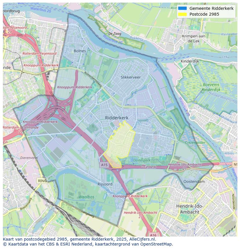 Afbeelding van het postcodegebied 2985 op de kaart.