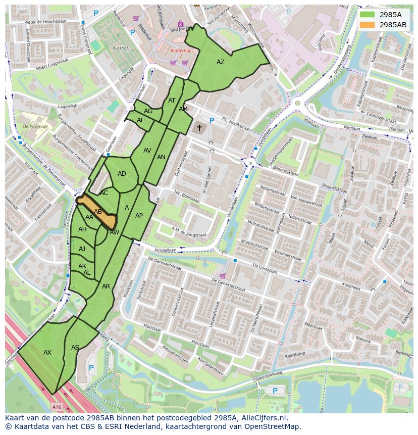 Afbeelding van het postcodegebied 2985 AB op de kaart.