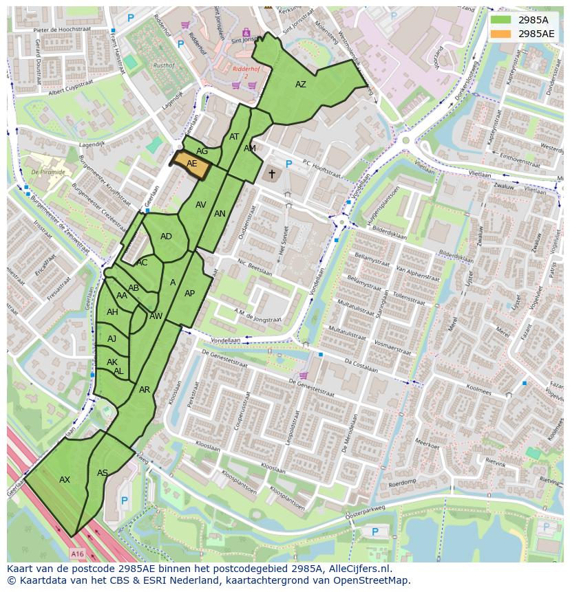 Afbeelding van het postcodegebied 2985 AE op de kaart.