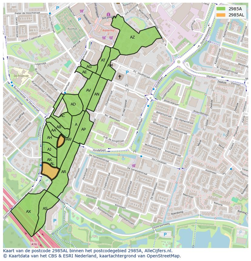 Afbeelding van het postcodegebied 2985 AL op de kaart.