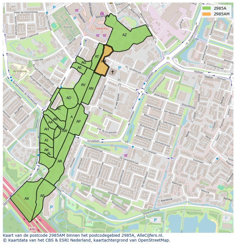 Afbeelding van het postcodegebied 2985 AM op de kaart.