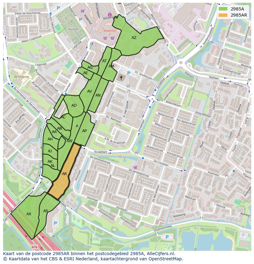 Afbeelding van het postcodegebied 2985 AR op de kaart.