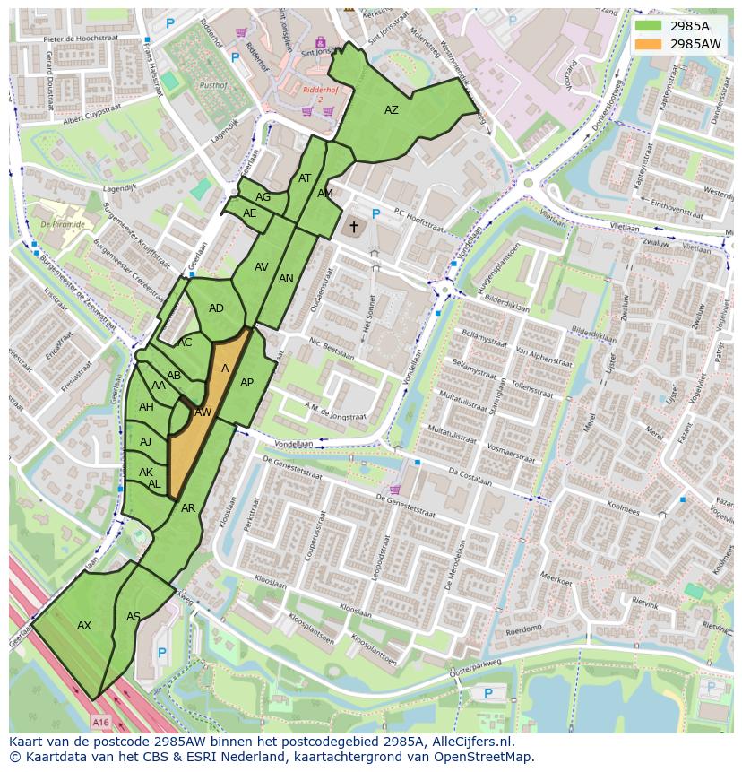 Afbeelding van het postcodegebied 2985 AW op de kaart.