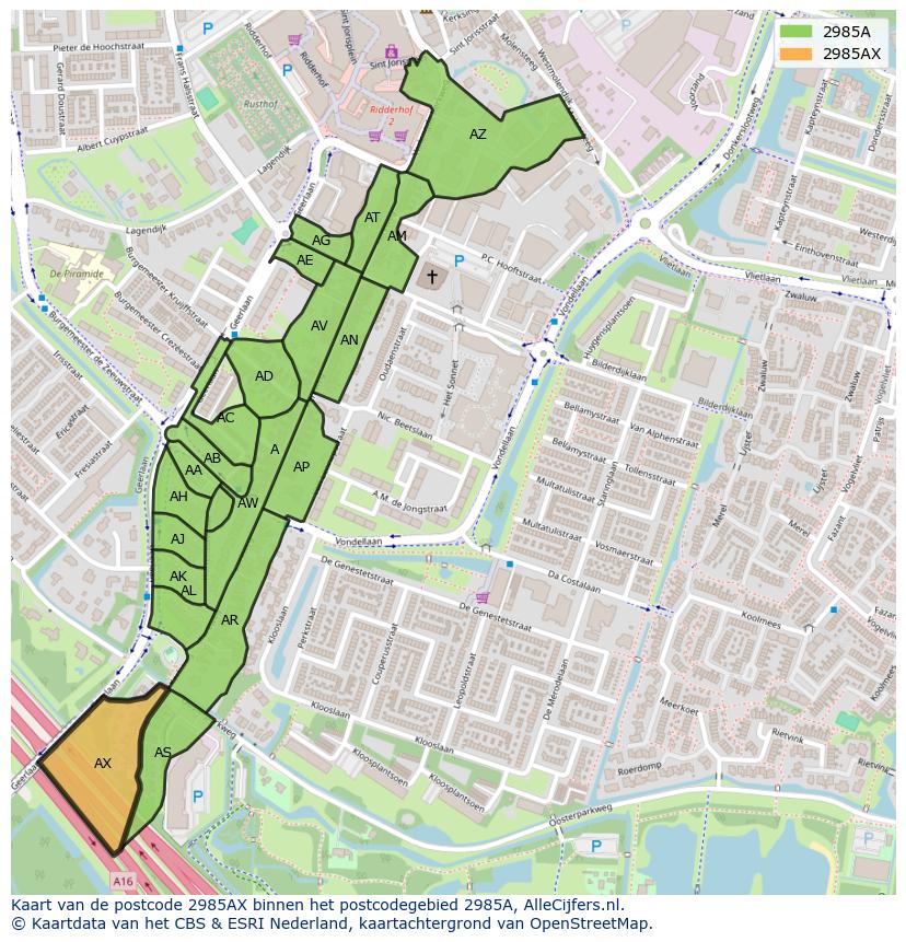 Afbeelding van het postcodegebied 2985 AX op de kaart.