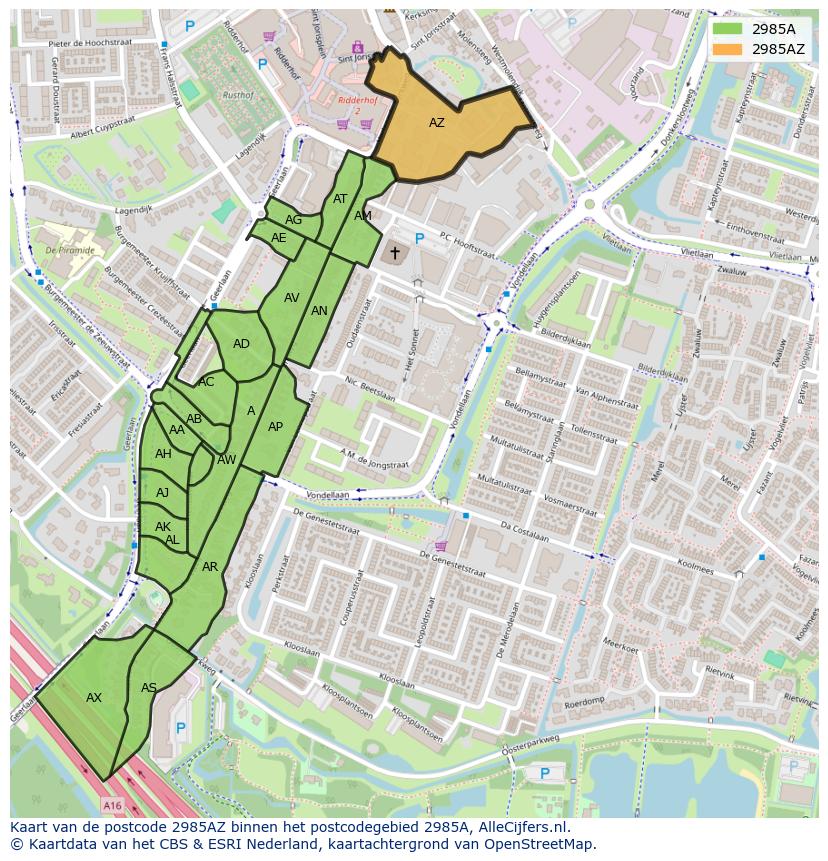 Afbeelding van het postcodegebied 2985 AZ op de kaart.
