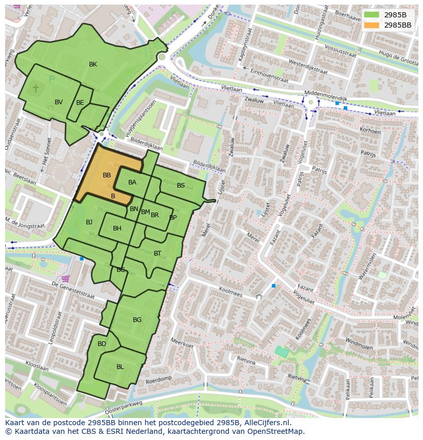 Afbeelding van het postcodegebied 2985 BB op de kaart.
