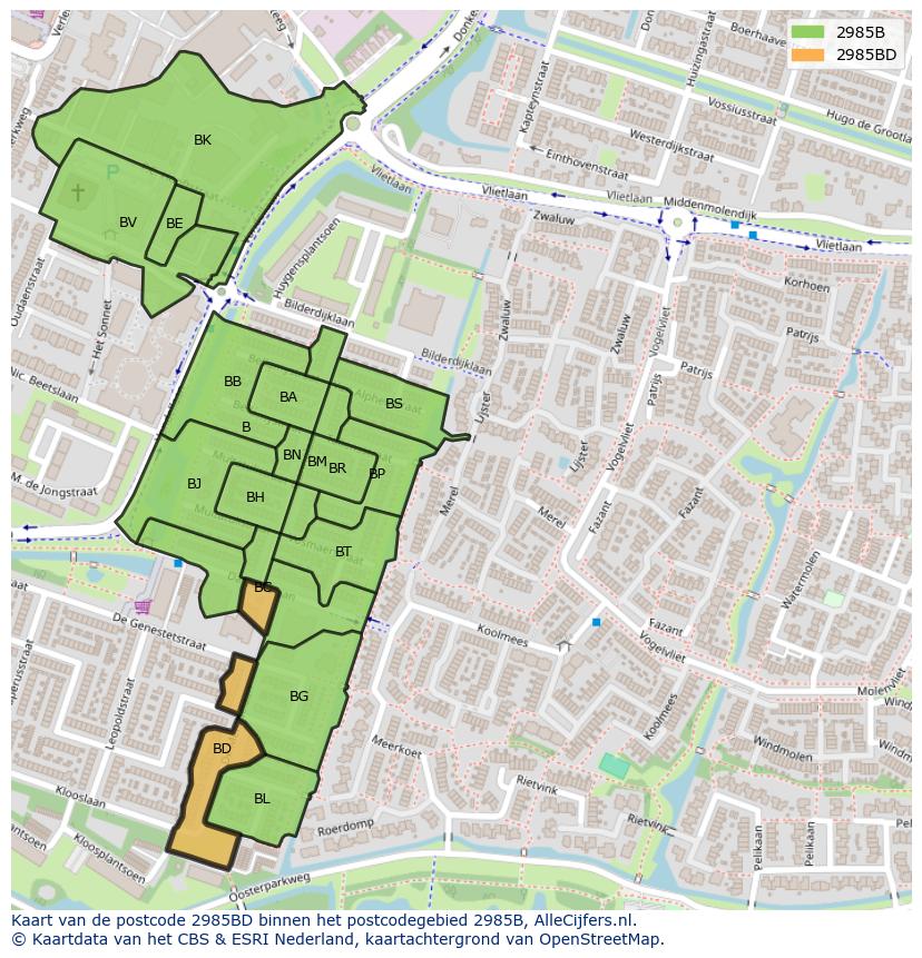 Afbeelding van het postcodegebied 2985 BD op de kaart.