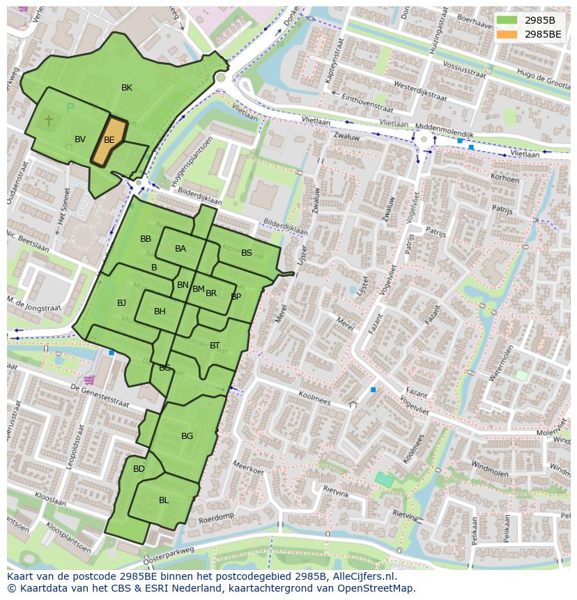 Afbeelding van het postcodegebied 2985 BE op de kaart.