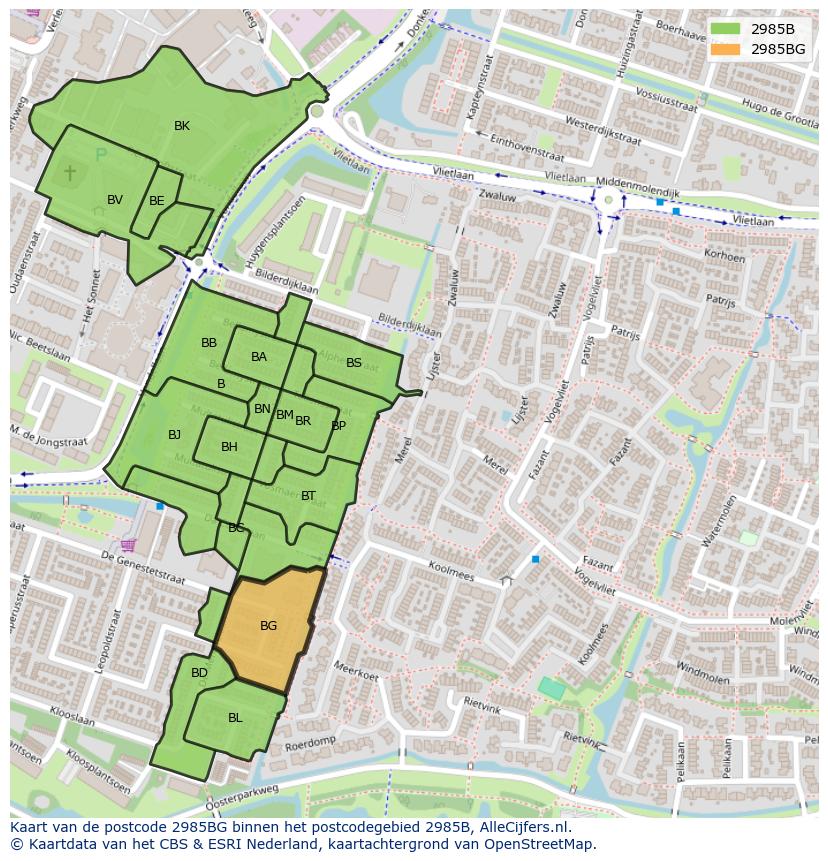 Afbeelding van het postcodegebied 2985 BG op de kaart.