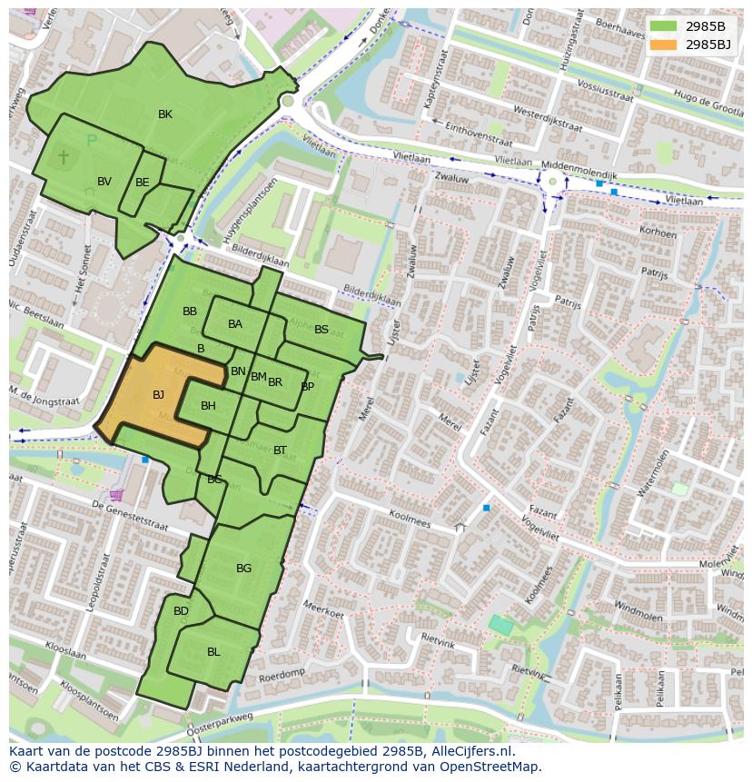 Afbeelding van het postcodegebied 2985 BJ op de kaart.
