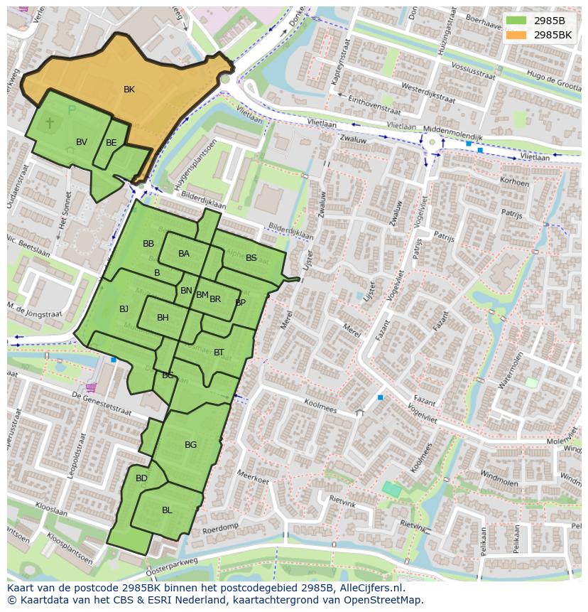 Afbeelding van het postcodegebied 2985 BK op de kaart.