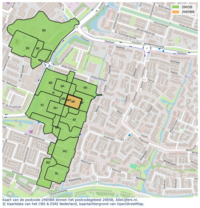 Afbeelding van het postcodegebied 2985 BR op de kaart.