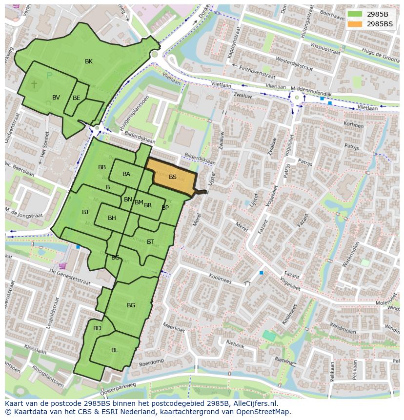 Afbeelding van het postcodegebied 2985 BS op de kaart.